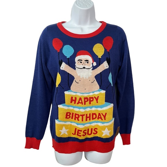 Tipsy Elves Sweaters - Tipsy Elves ugly Christmas sweater XS Blue Funny Santa in birthday cake Womens